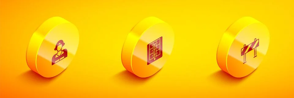 Set Isometric Firefighter, Evacuation plan and Road barrier icon. Vector Stock Illustration