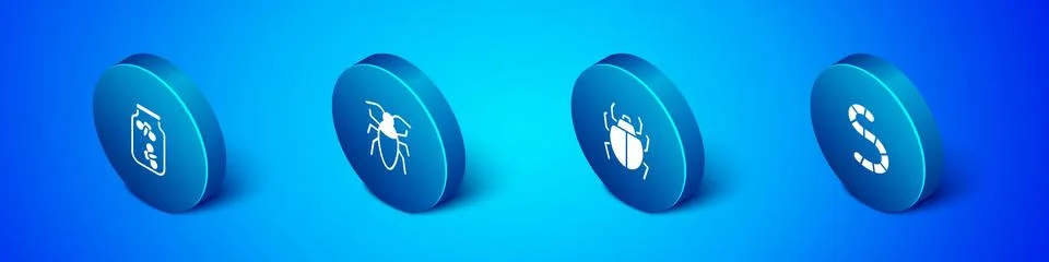 Set Isometric Fireflies bugs in a jar, Mite, Worm and Cockroach icon. Vector Stockillustratie