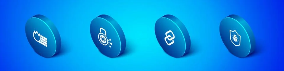 Set Isometric Firewall, security wall, Chain link, System bug and Cyber icon Stock-Illustration