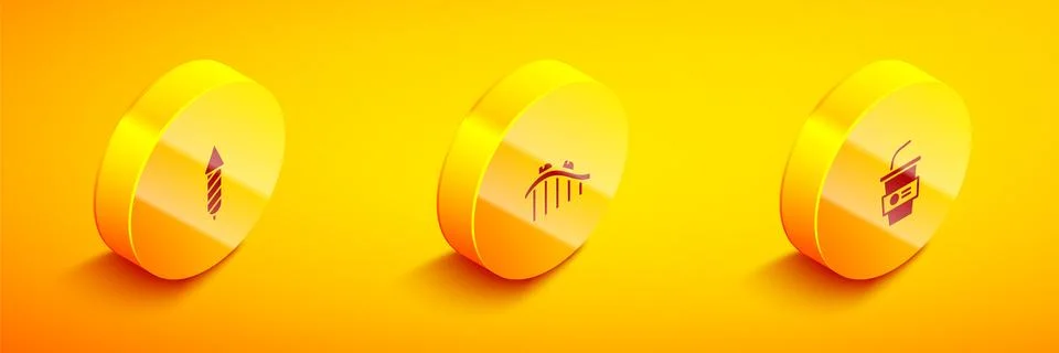 Set Isometric Firework rocket, Roller coaster and Paper glass with water icon Stock Illustration