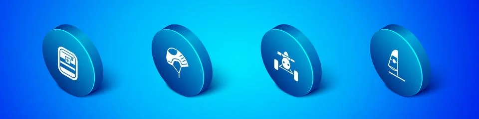 Set Isometric First aid kit, ATV motorcycle, Windsurfing and Helmet icon. Vector Stock Illustration