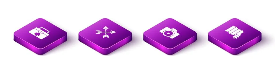 Set Isometric First aid kit, Crossed arrows, Photo camera and Location of the Stock Illustration