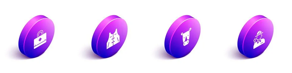 Set Isometric First aid kit, Hunting jacket, Rhinoceros and Hunter icon. Vector 库存插图