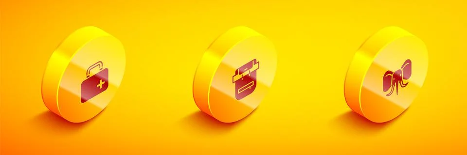 Set Isometric First aid kit, Hiking backpack and Elephant icon. Vector Illustrazione stock