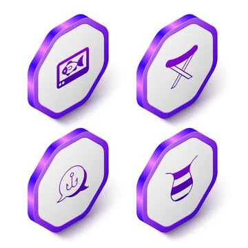 Set Isometric Fish finder echo sounder, Camping folding chair, Fishing hook and Stock Illustration