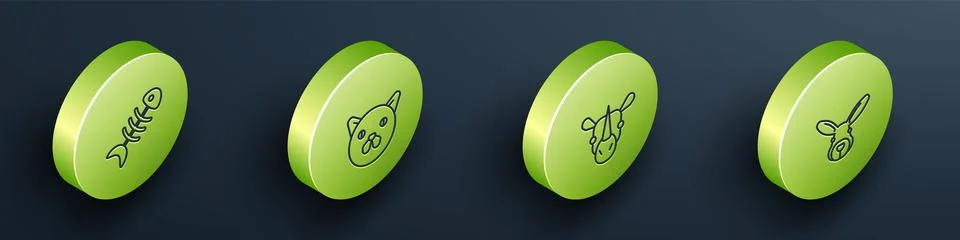 Set Isometric Fish skeleton, Cat, Rhinoceros and Rabbit head icon. Vector Stock Illustration