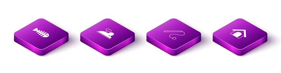 Set Isometric Fish skeleton, Clockwork mouse, Pet cat toy and Dog house icon Stock-Illustration
