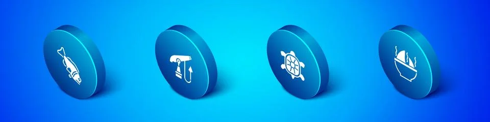 Set Isometric Fish, Turtle, Shark fin soup and Fishing harpoon icon. Vector イラスト素材