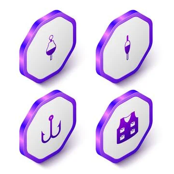 Set Isometric Fishing float, hook and jacket icon. Purple hexagon button. Vector Stock Illustration