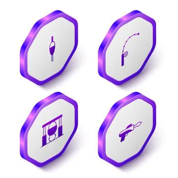 Set Isometric Fishing float, rod, Campfire and pot and harpoon icon. Purple Illustrazione stock