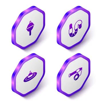 Set Isometric Fishing float, Worm, water and rod icon. Purple hexagon button Stock Illustration