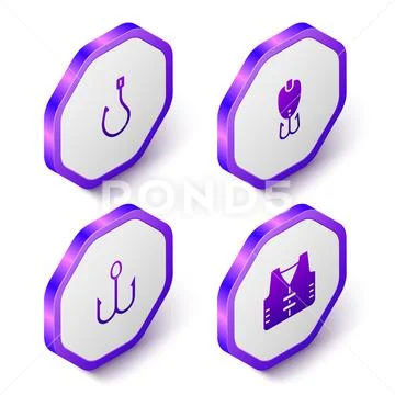 Set Isometric Fishing hook, lure, and jacket icon. Purple hexagon button.  Vector Illustration #197494184