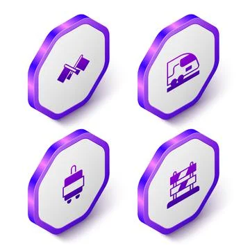 Set Isometric Flag, High-speed train, Suitcase and End of railway tracks icon Illustration