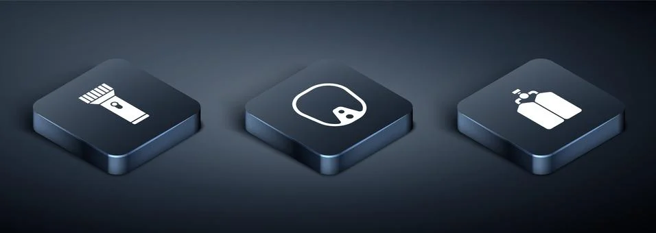 Set Isometric Flashlight, Aqualung and Diving mask icon. Vector Stock Illustration