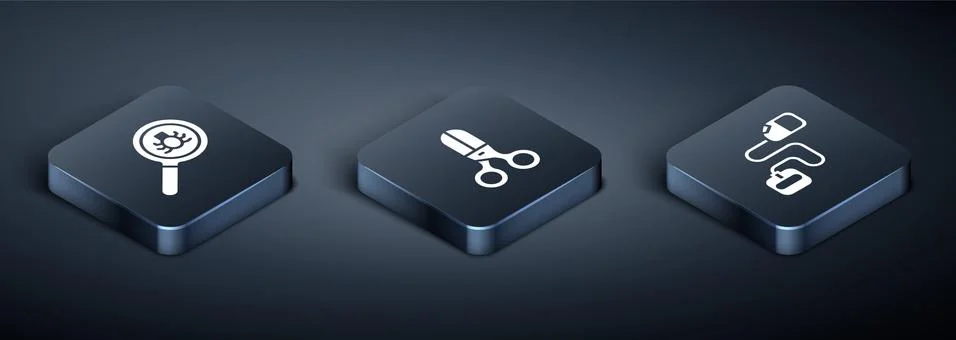 Set Isometric Flea search, Retractable cord leash and Scissors hairdresser icon Stock Illustration