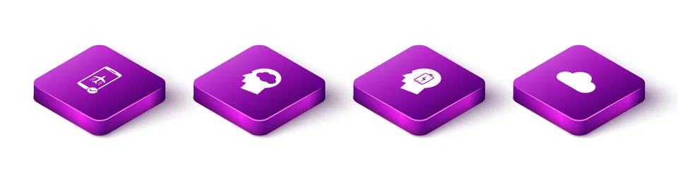 Set Isometric Flight mode in the mobile, Head silhouette with cloud, low battery Stock Illustration