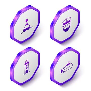 Set Isometric Floating buoy, Captain of ship, Lighthouse and Submarine icon Stock Illustration
