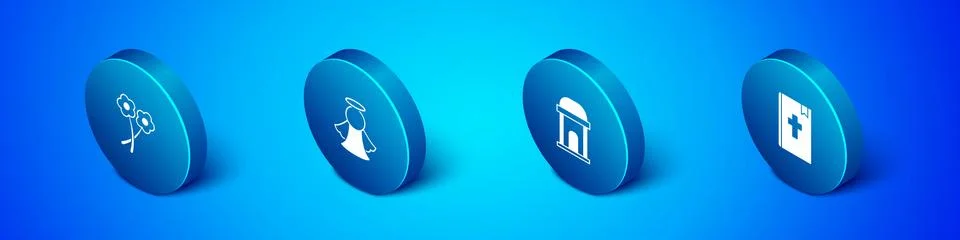 Set Isometric Flower, Old crypt, Holy bible book and Angel icon. Vector Ilustración de archivo