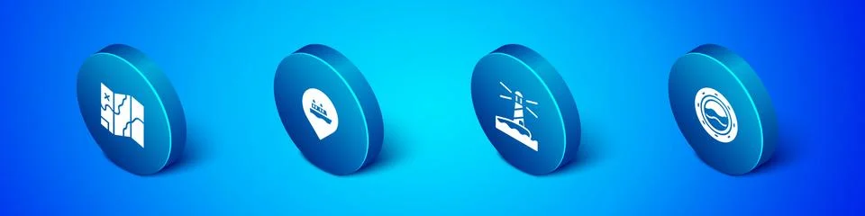 Set Isometric Folded map, Lighthouse, Ship porthole with seascape and Location Stock Illustration