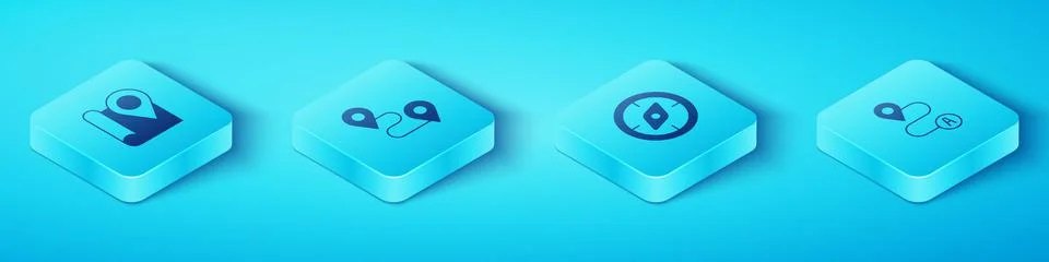 Set Isometric Folded map with location marker, Route, and Compass icon. Vector 스톡 일러스트