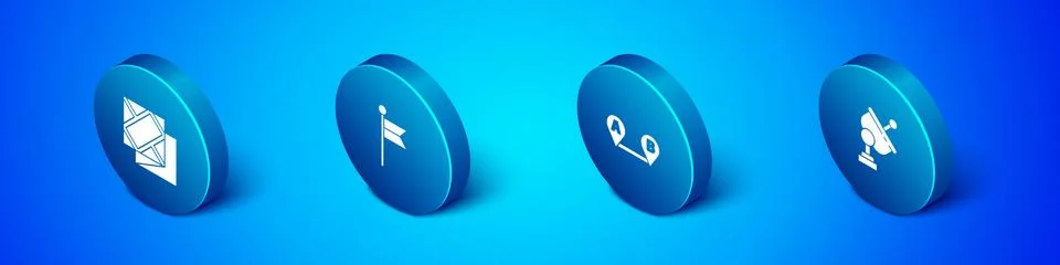 Set Isometric Folded map, Route location, Radar and Location marker icon. Vector Stock Illustration