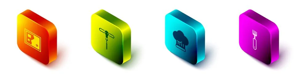 Set Isometric Folded map, Wine corkscrew, Chef hat and Fork icon. Vector Ilustración de archivo
