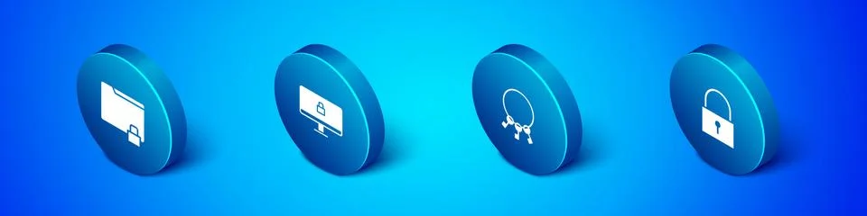 Set Isometric Folder and lock, Bunch of keys, Lock and on computer monitor icon Illustrazione stock