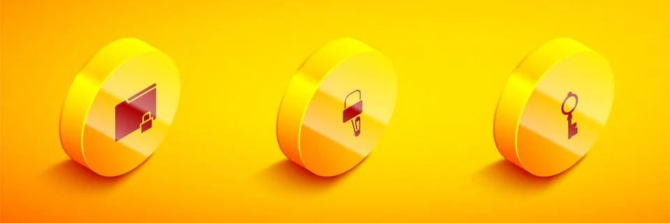 Set Isometric Folder and lock, Lock picks for picking and Old key icon. Vector Stock Illustration