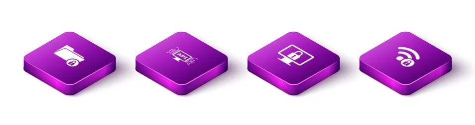 Set Isometric Folder and lock, Computer api interface, Lock on monitor and Wifi 스톡 일러스트