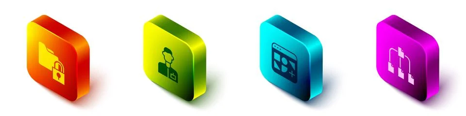 Set Isometric Folder and lock, Analyst engineer, Different files and tree icon 스톡 일러스트
