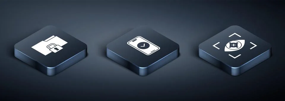 Set Isometric Folder and lock, Eye scan and Smartphone icon. Vector Illustrazione stock