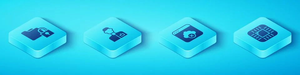 Set Isometric Folder and lock, Analyst engineer, Processor with CPU and Failed Ilustración de archivo