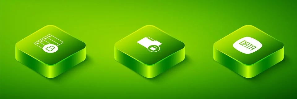 Set Isometric Folder and lock, Data analysis and Server security with padlo.. Stock Illustration