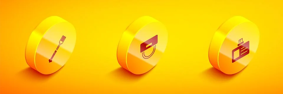 Set Isometric Fork, Bellboy hat and Identification badge icon. Vector Stock Illustration