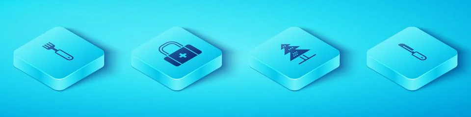 Set Isometric Fork, First aid kit, Knife and Tree icon. Vector Stock Illustration