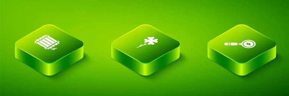 Set Isometric Four leaf clover, Magnifying glass and Wooden barrel icon. Vector Illustrazione stock