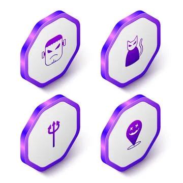 Set Isometric Frankenstein face, Black cat, Trident devil and Happy Halloween Stock Illustration