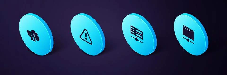 Set Isometric FTP folder, Server, Data, Web Hosting, Exclamation mark triangl Stock Illustration