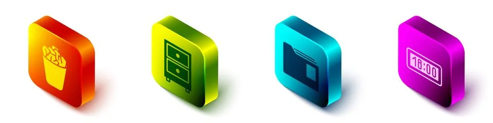 Set Isometric Full trash can, Drawer with documents, Document folder and Digital Stock Illustration