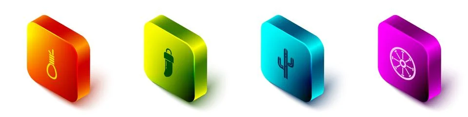 Set Isometric Gallows rope loop hanging, Tooth, Cactus and Old wooden wheel icon Stock Illustration