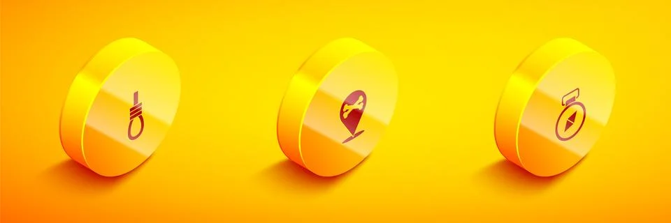 Set Isometric Gallows rope loop hanging, Location pirate and Compass icon 스톡 일러스트