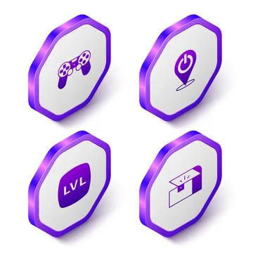 Set Isometric Game controller or joystick, Power button, Level game and Chest Stock Illustration