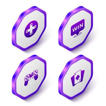 Set Isometric Game controller or joystick, Medal, and Playing cards icon. Purple Stock Illustration