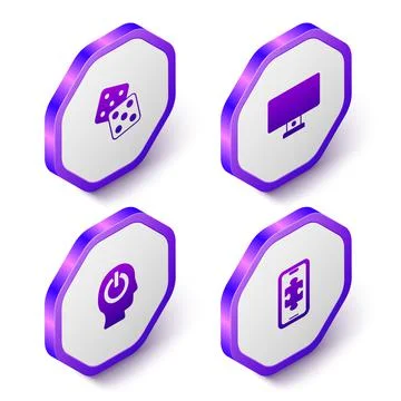 Set Isometric Game dice, Computer monitor, Power button and Mobile gaming icon Stock Illustration