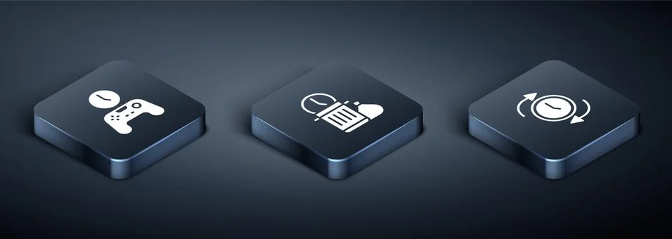 Set Isometric Gamepad of time, Clock with arrow and Waste icon. Vector Illustrazione stock