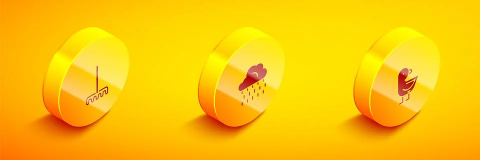 Set Isometric Garden rake, Cloud with rain and Little chick icon. Vector Stock Illustration
