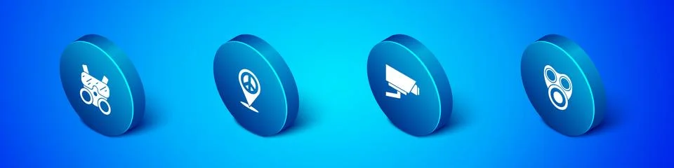 Set Isometric Gas mask, Security camera, and Location peace icon. Vector Illustrazione stock