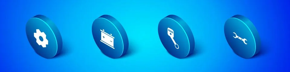 Set Isometric Gear, Engine piston, Wrench spanner and Car battery icon. Vector Stock Illustration