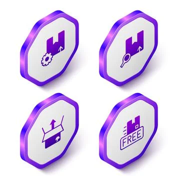 Set Isometric Gear with package box, Search, Unboxing and Cardboard free symbol Illustrazione stock