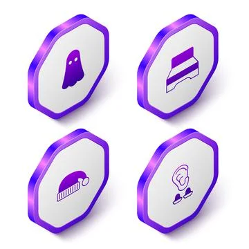Set Isometric Ghost, Big bed, Sleeping hat and Earplugs and ear icon. Purple Stock Illustration